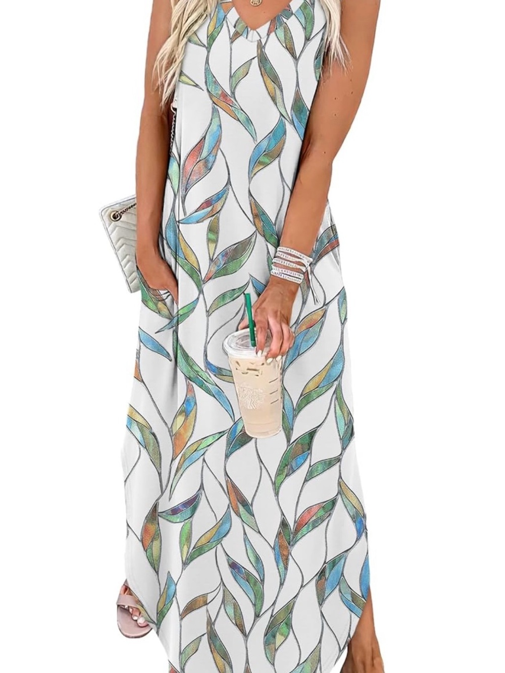 White Maxi Dress with Multicolor Leaf Print